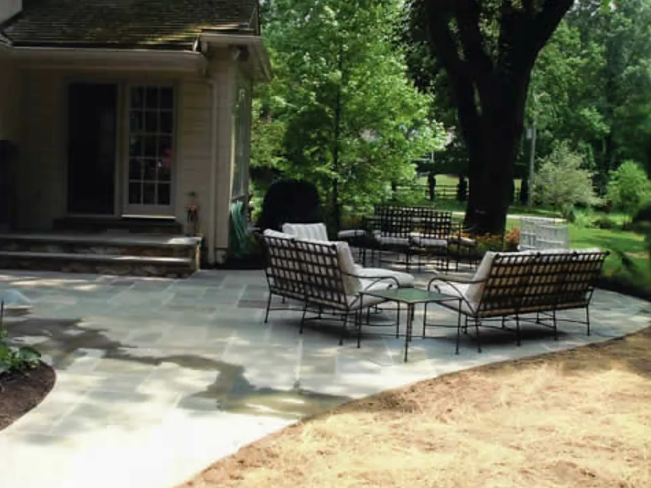 Bluestone patio with stone steps under a mature shade tree